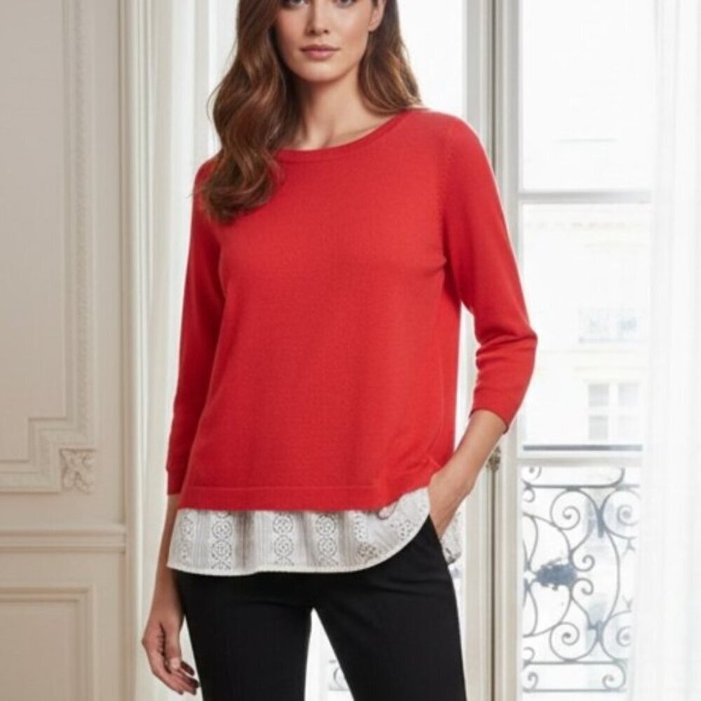 Boden Coral Orange Nora Split Back Eyelet Sweater Medium Women's
